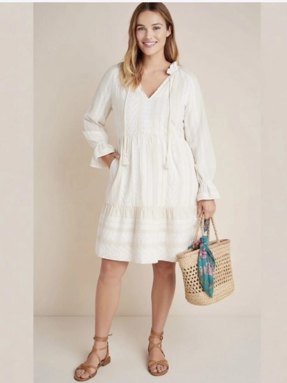 Cream Tiered V-Neck Long Sleeve Dress